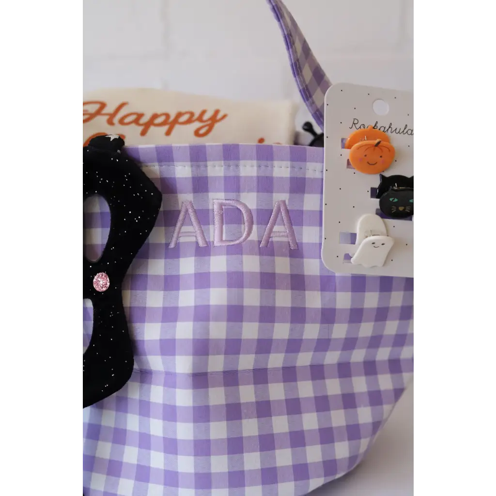 Purple and white gingham tote bag with embroidered name from Boo Baskets for stylish womens clothes