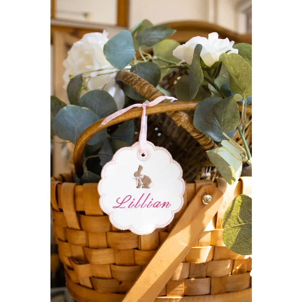 Personalized embroidered Easter basket name tag with bunny and Lillian