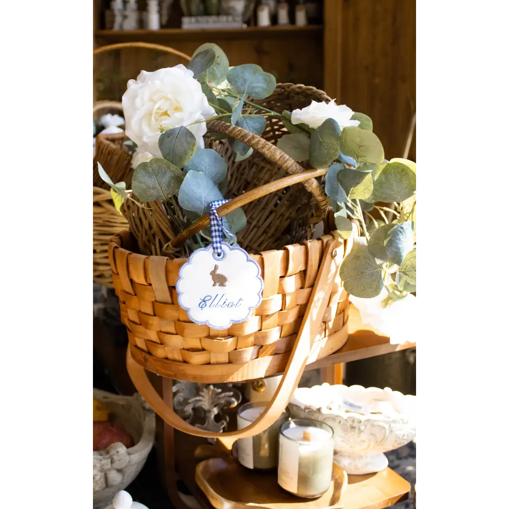 Personalized embroidered Easter basket with roses and eucalyptus