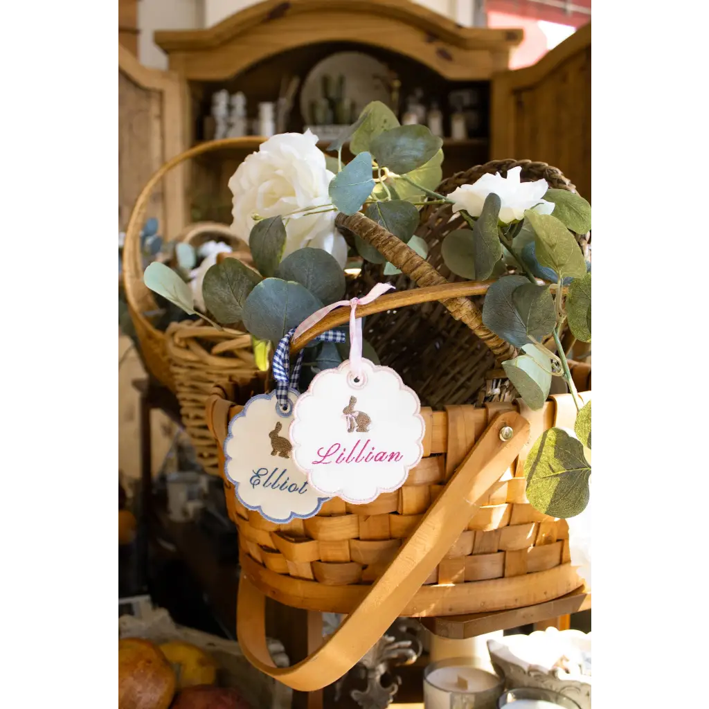 Personalized embroidered Easter basket with bunny tags