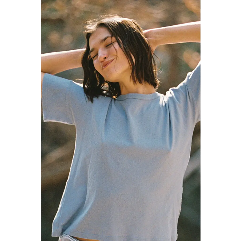 Petit pointelle organic cotton tee in soft light blue with neckline ruching