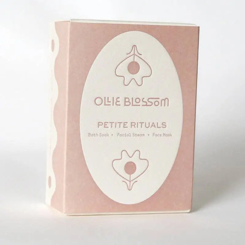Pale pink Petite Rituals ollie blossom bath soak, facial steam, face mask set in compostable bag