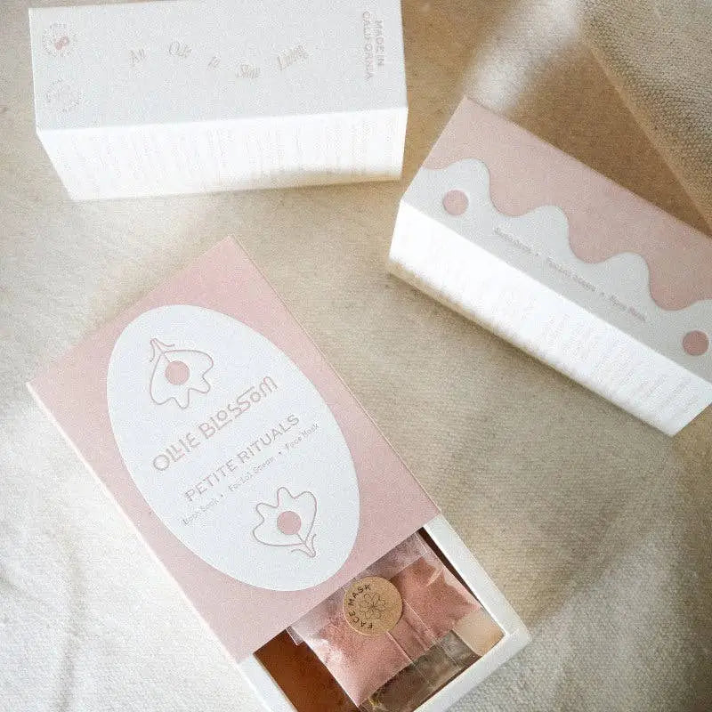 Pink and white floral Petite Rituals gift box by Ollie Blossom with polished prints