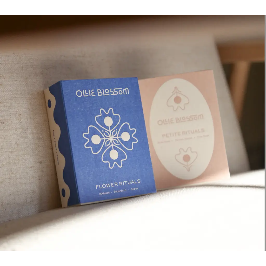 Petite Rituals blue and white flower box with floral design by Ollie Blossom