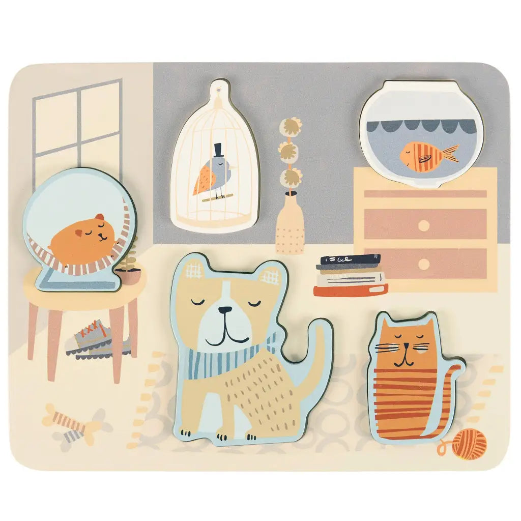Wooden puzzle with animals and household objects from Pets Chunky Puzzle collection