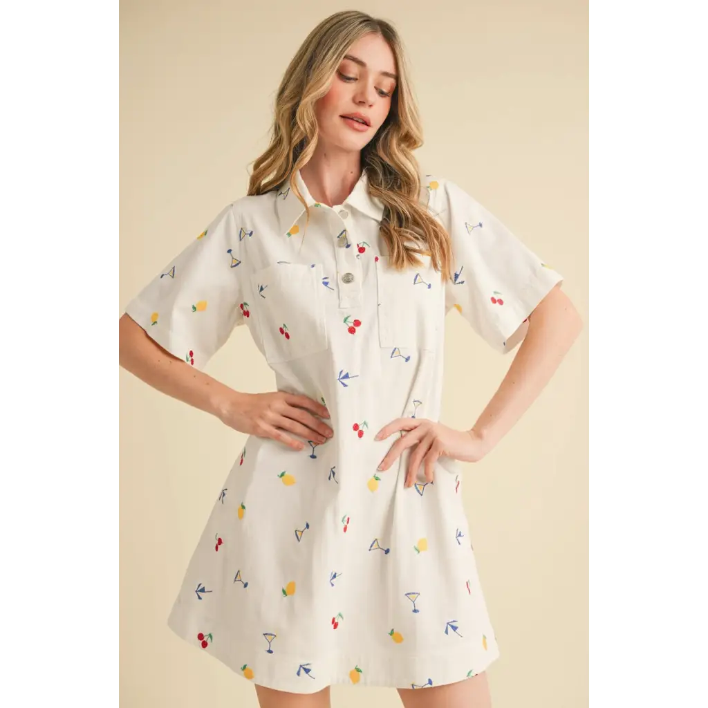 White collared mini dress with colorful cherry lemon and cocktail glass embroidery