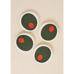 Four stylish Pimento Olive Coasters with polished prints and dark green centers