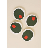 Four stylish Pimento Olive Coasters with polished prints and dark green centers