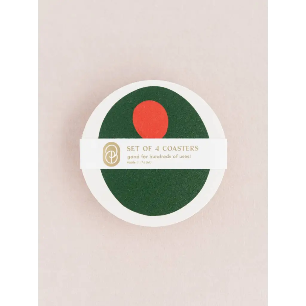 Set of four Pimento Olive Coasters with stylish polished prints and green red design