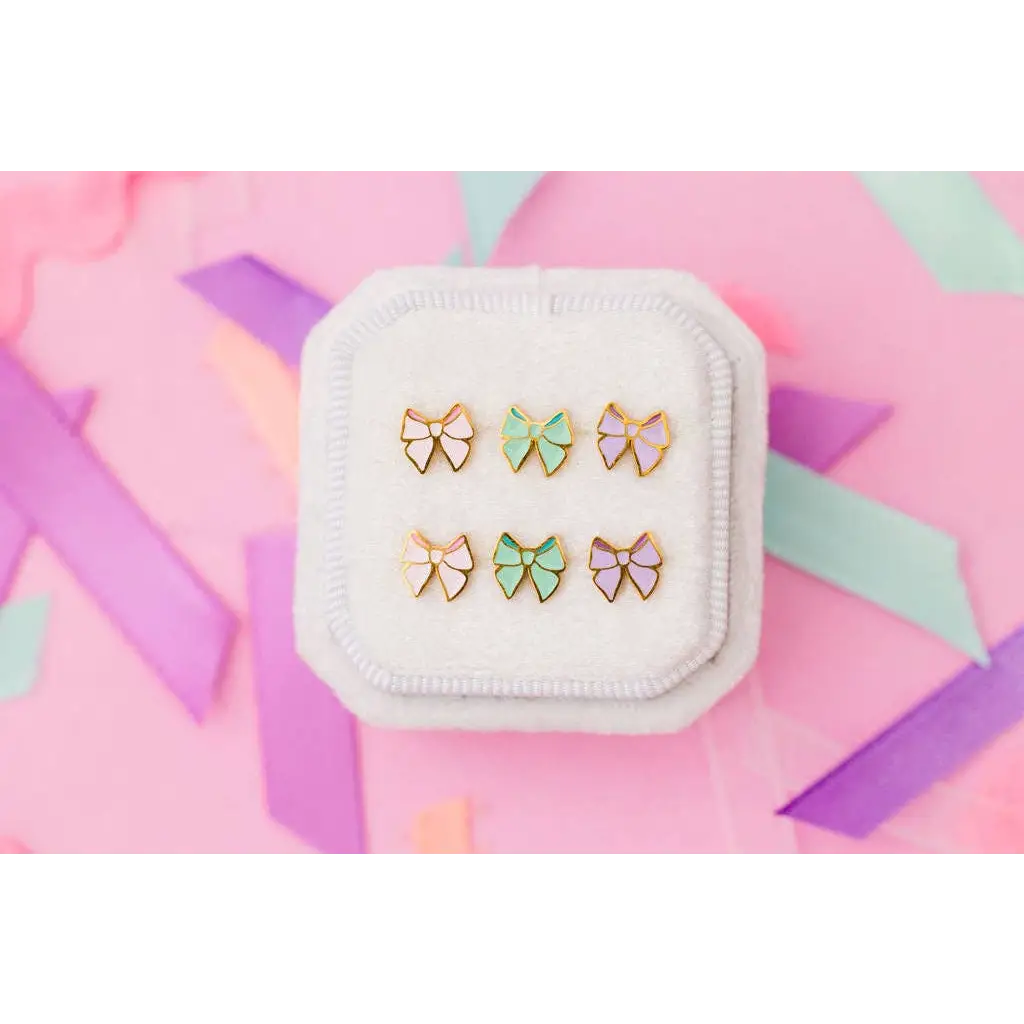 Pink bow stud earrings in gold with iridescent pastel colors