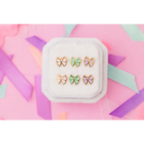 Pink bow stud earrings in gold with iridescent pastel colors