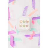 Gold bow stud earrings with colorful enamel in display case