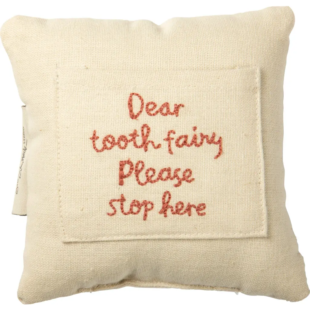 Cream-colored fabric tooth fairy pillow with front pocket, perfect fairy pillow for kids