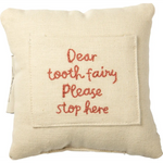 Cream-colored fabric tooth fairy pillow with front pocket, perfect fairy pillow for kids