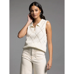 Woman in Posie Collared Sleeveless Knit Top with polished prints, stylish womens clothes