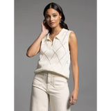 Woman in Posie Collared Sleeveless Knit Top with polished prints, stylish womens clothes