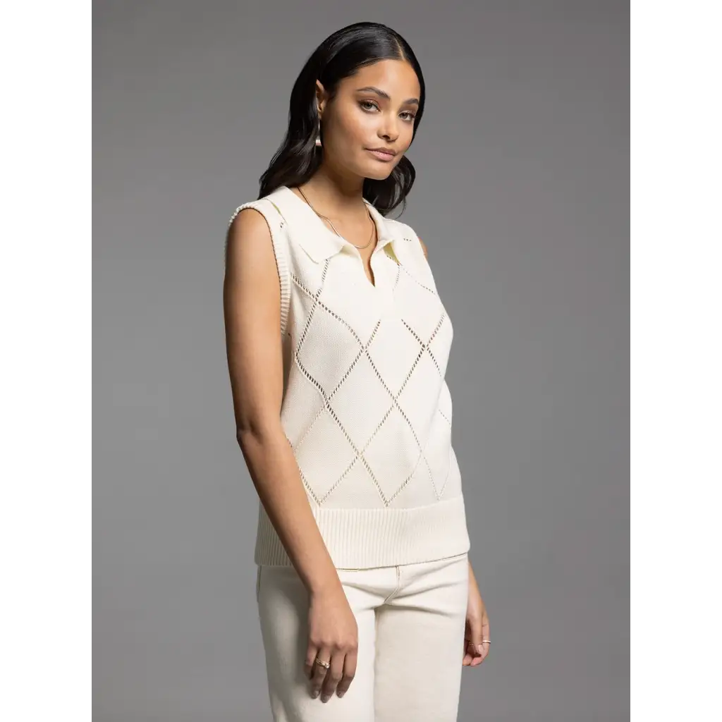 Stylish womens clothes featuring a sleeveless knit vest with diamond pattern from Posie collection
