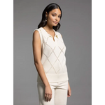 Stylish womens clothes featuring a sleeveless knit vest with diamond pattern from Posie collection