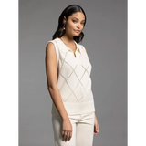 Stylish womens clothes featuring a sleeveless knit vest with diamond pattern from Posie collection