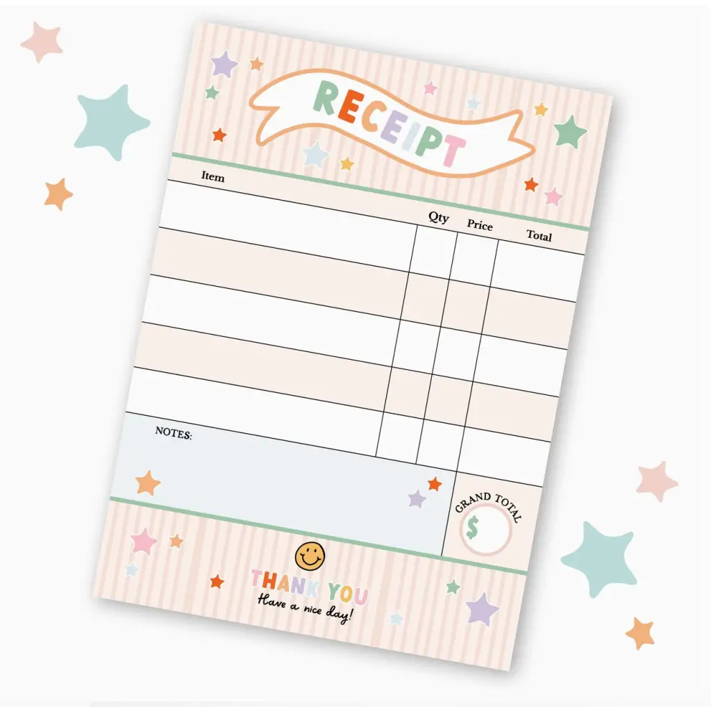 Cute Pretend Play Receipt Notepad with colorful stars and a smiley face design