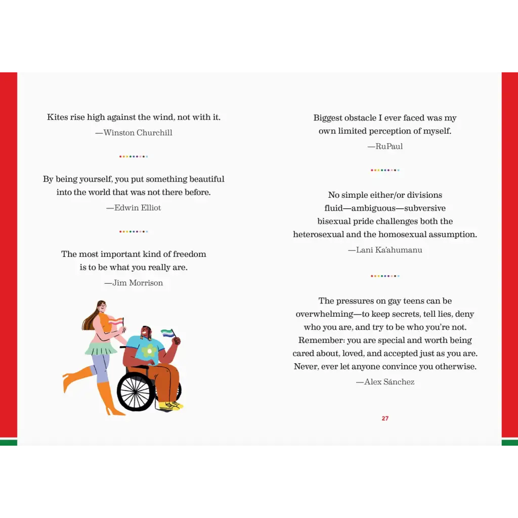 Book page spread with inspirational quotes and illustration of diverse people in a wheelchair