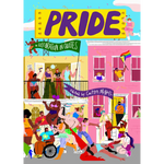 Colorful Pride illustration of people celebrating with rainbow flags and selected quotations