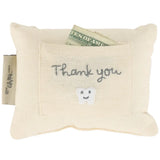 Cream-colored fabric tooth fairy pillow with pocket and embroidered happy tooth for fairy pillow