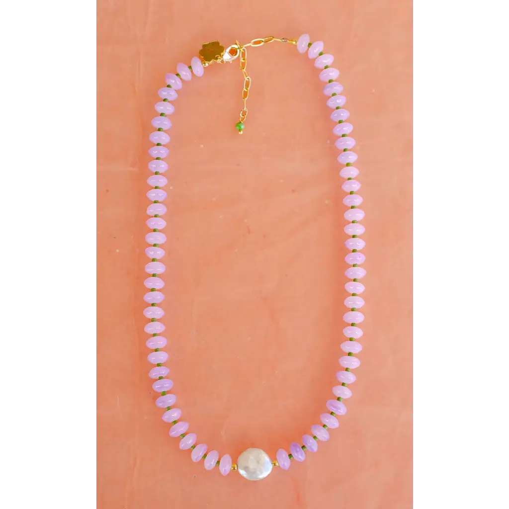 Delicate lavender beaded necklace with pearl, dew drop style for stylish womens clothes