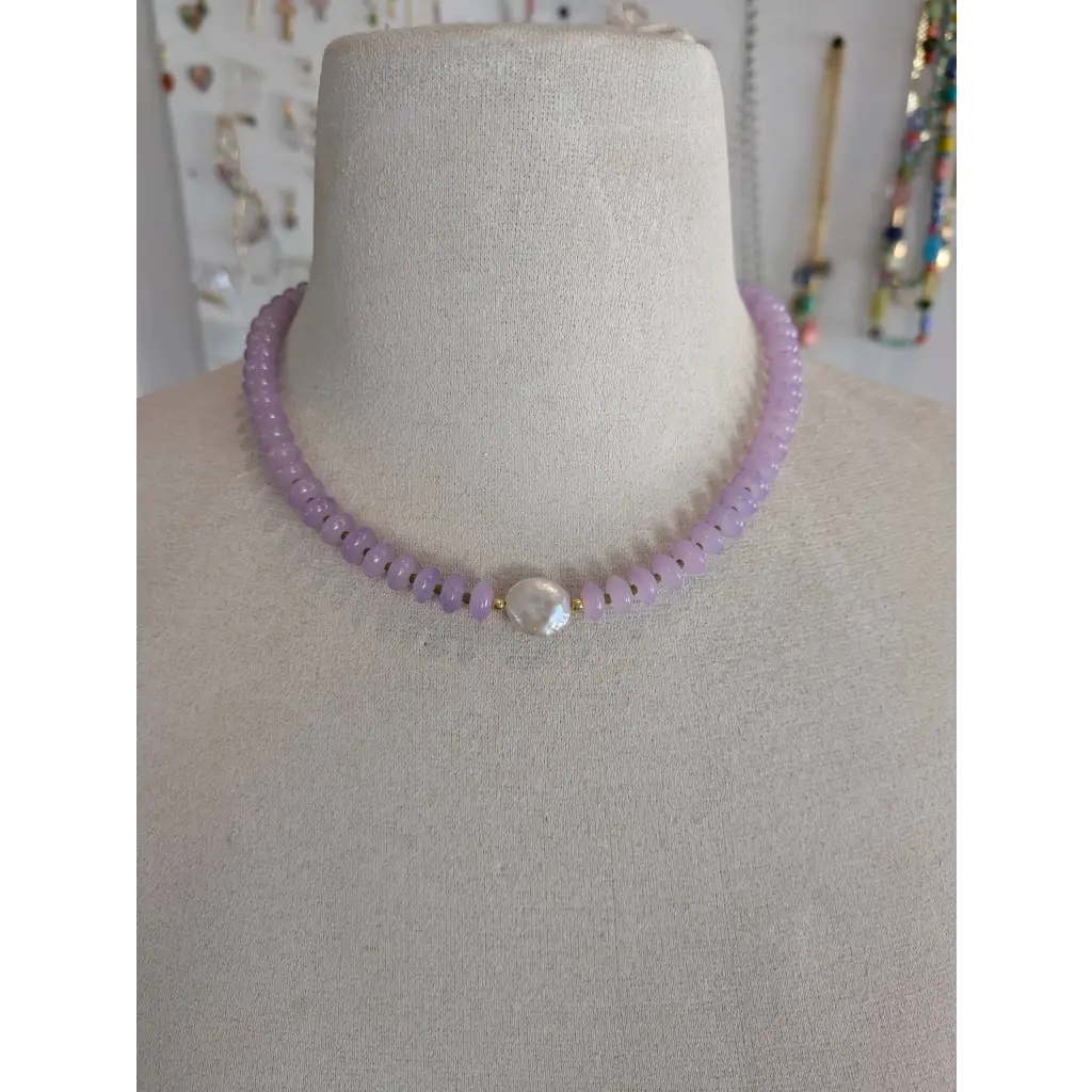 Delicate lavender beaded necklace with pearl dew drop accent for stylish womens clothes