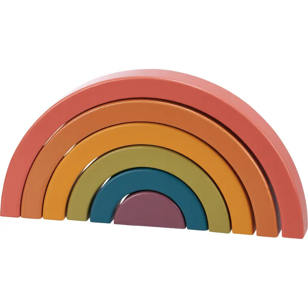 Six-piece wooden rainbow nesting puzzle in muted colors for kids’ stacking fun