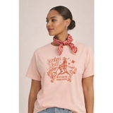 Oversized unisex tee with orange cowboy graphic and raise well but raise kind kids text