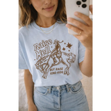 Light blue oversized unisex tee with cowboy graphic and raise hell but raise kind kids text