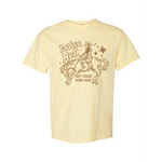 Oversized unisex tee with cowboy graphic and raise hell but raise kind kids text