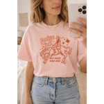 Oversized unisex tee with pink cotton cowboy print and raise hell but raise kind kids text