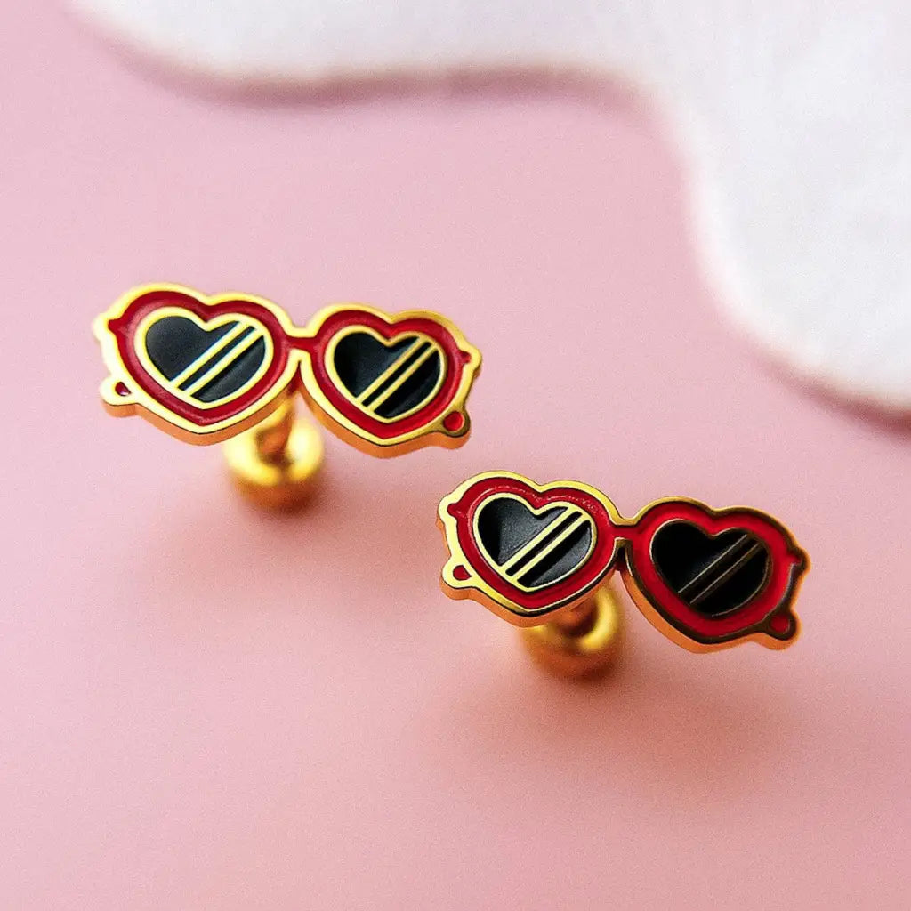 Red heart sunglasses stud earrings with hypoallergenic flat screw-on backs