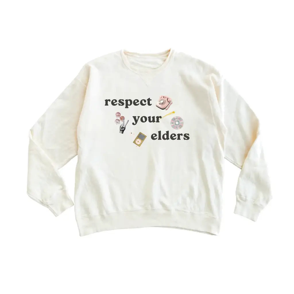 Respect your elders cream pullover with polished prints and broken-in feel