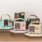 Vintage-style portable radios in pastel colors with three peace signs camp design