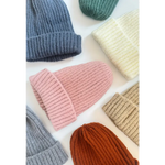 Super soft pink ribbed knit beanie hat for kids with folded cuff