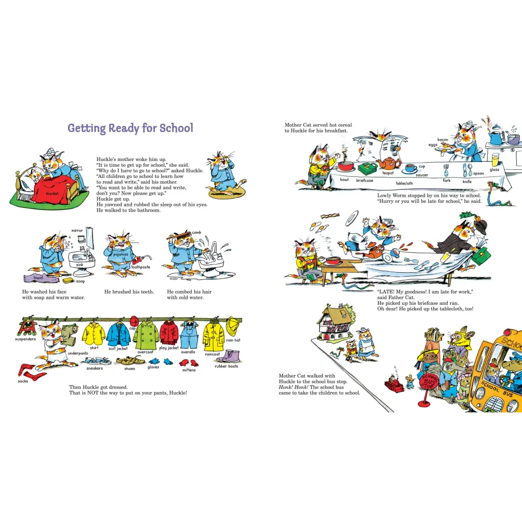 Children’s book with colorful illustrations about getting ready for school in Richard Scarry’s Great Big Schoolhouse
