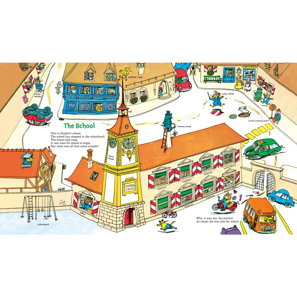 Charming illustrated school building with clock tower from Richard Scarry’s Great Big Schoolhouse, perfect for stylish womens clothes or polished prints