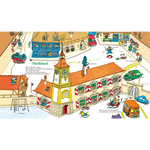 Charming illustrated school building with clock tower from Richard Scarry’s Great Big Schoolhouse, perfect for stylish womens clothes or polished prints