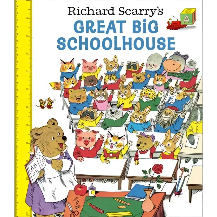 Colorful Richard Scarrys Great Big Schoolhouse kids book cover with cute animals in a classroom