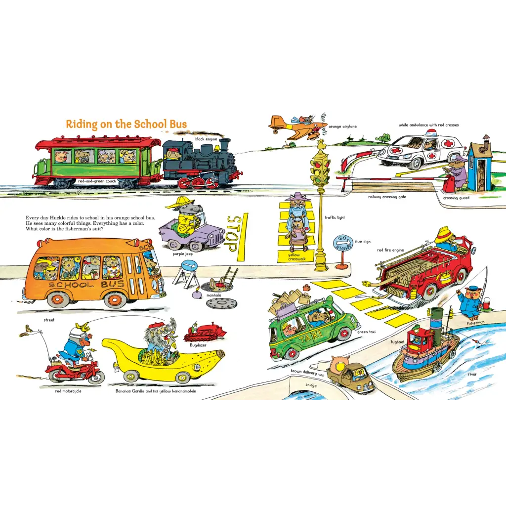 Colorful Richard Scarry’s Great Big Schoolhouse illustration with polished prints for kids