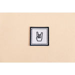 Playful Rock iron-on patch featuring a fun rock-and-roll devil horns hand gesture icon