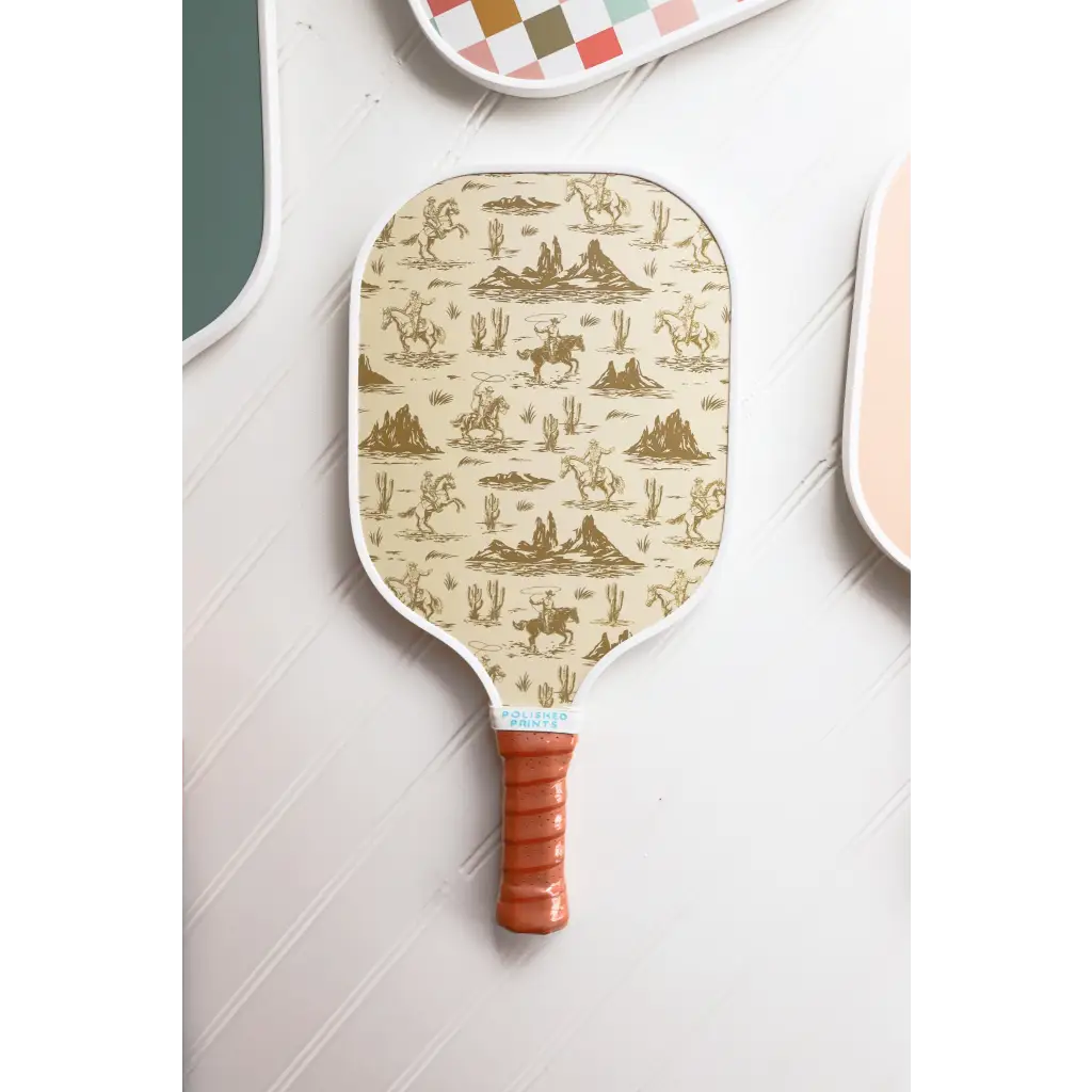 Pickle ball paddle with vintage toile design and leather grip for awesome gameplay