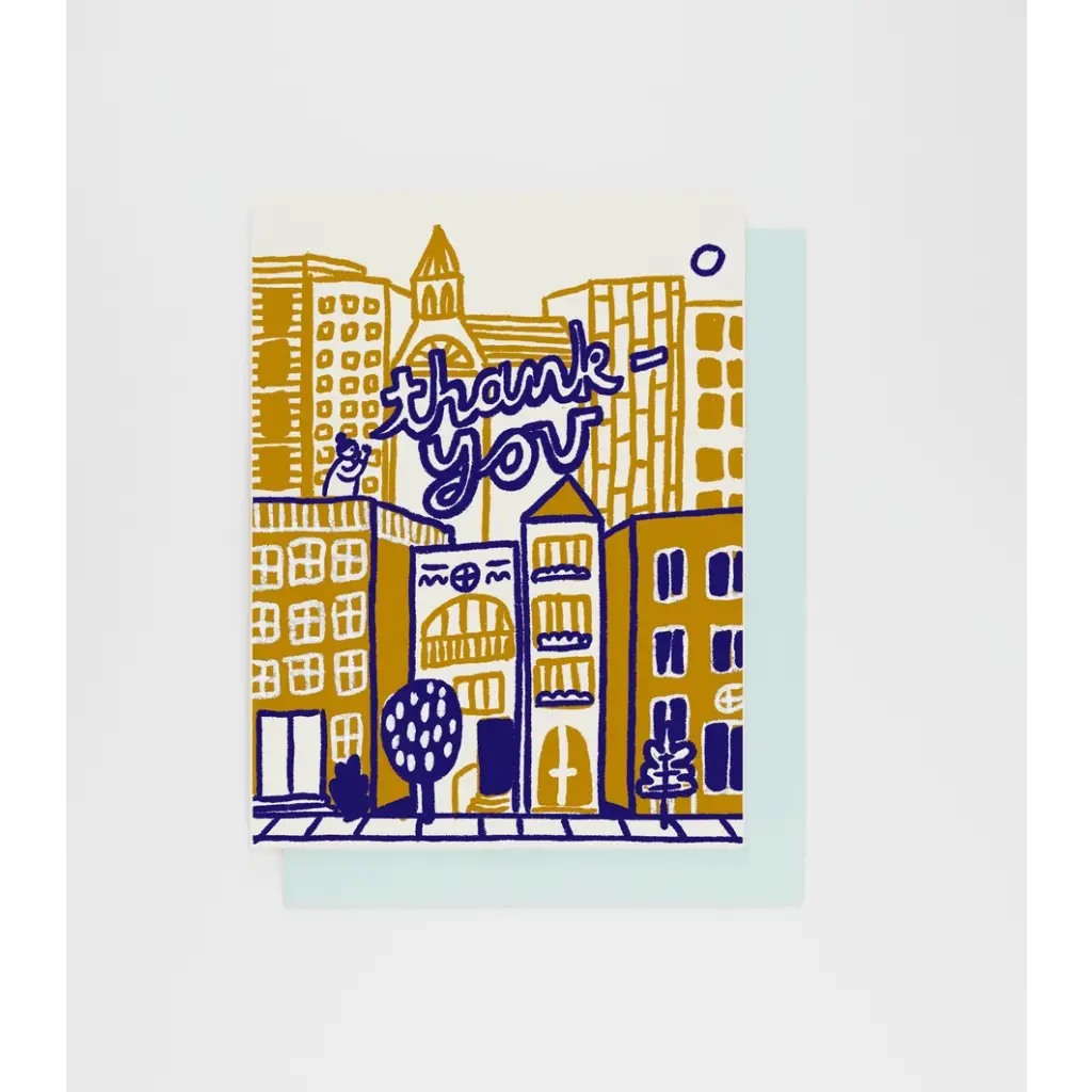 Thank you card with a blue and gold cityscape design, perfect for polished prints lovers