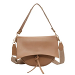 Tan leather Roxie Saddle Crossbody Bag perfect for stylish womens clothes and polished prints