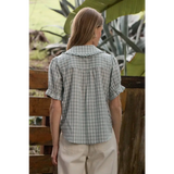 Soft ruffle collar gingham blouse in light green checks