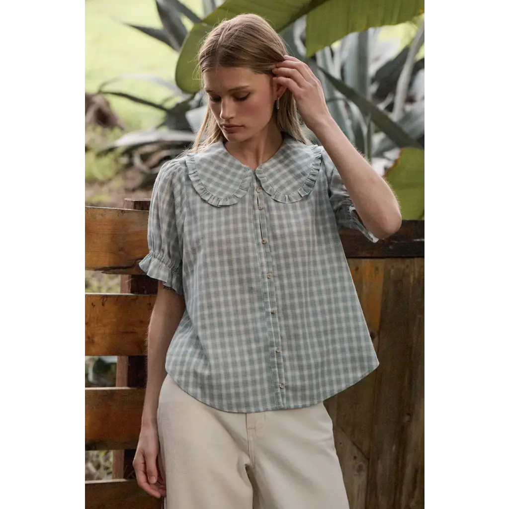 Soft ruffle collar gingham blouse in green and white checks