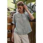 Soft ruffle collar gingham blouse in green and white checks